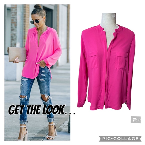 Ro & De Hot Pink Long Sleeve Button Down Silky Polyester Shirt Size Small - Picture 1 of 11